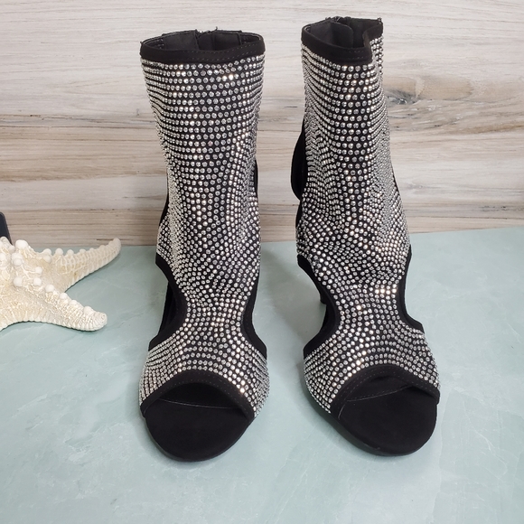 NEW Black Rhinestone Peep Toe Stiletto Ankle Boots - Picture 7 of 8